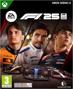 "Next-Gen Gaming Battle: PlayStation 5 vs Xbox Series X - A 2025 Comparison" 26 Official Xbox Series X cover art for EA SPORTS F1 25, the 2025 Formula One video game. The artwork features three F1 drivers—Oscar Piastri, Carlos Sainz, and Oliver Bearman—above their respective Formula 1 cars, set against a dynamic and dramatic background. The F1 25 logo is centered at the top, alongside the EA SPORTS and official Formula 1 licensed product logos. The Xbox branding is placed prominently at the top of the cover, with a PEGI 3 age rating icon at the bottom-left. The image represents the standard edition of the game, launching May 30, 2025.