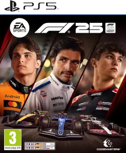 "Next-Gen Gaming Battle: PlayStation 5 vs Xbox Series X - A 2025 Comparison" 15 Official PS5 cover art for EA SPORTS F1 25 featuring three Formula One drivers—Oscar Piastri (McLaren), Carlos Sainz (likely Williams or Ferrari), and Oliver Bearman (Haas)—positioned above their respective F1 cars. The bold F1 25 logo is centered at the top with the EA SPORTS and Formula 1 licensed product logos beside it. The PS5 branding appears prominently at the top, and the PEGI 3 rating icon is in the bottom-left corner. The box art is sleek and modern, showcasing the new generation of F1 talent for the 2025 FIA Formula One World Championship game.