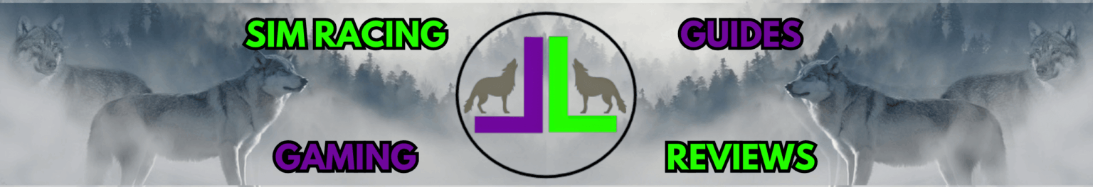 LewysLinks YouTube and social media banner featuring wolves and logo, promoting Sim Racing Made Simple with guides, reviews, and gaming content.