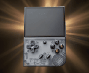 Anbernic RG35XX Plus Console with a glowing back ground