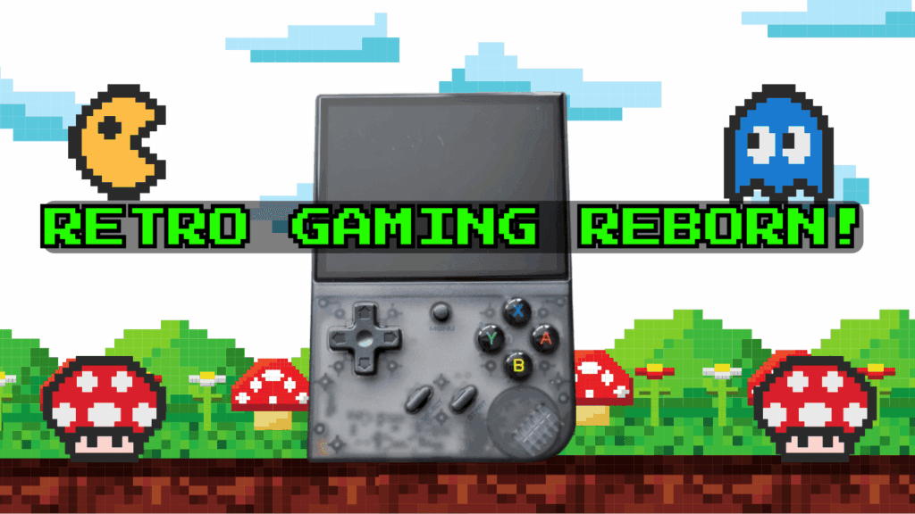 Anbernic RG35XX Plus handheld console with retro gaming theme background – review hero image.
