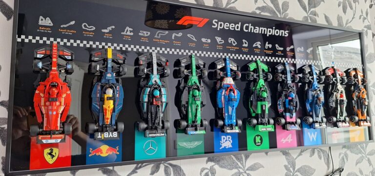 ICUANUTY LEGO Speed Champions Display Review: The Ultimate Owner's Guide (2026) 24 Complete LEGO F1 Speed Champions collection displayed on ICUANUTY Display Wall Frame in natural light