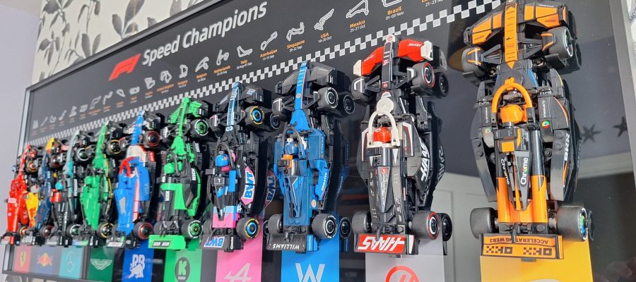 Complete LEGO F1 Speed Champions collection displayed on ICUANUTY Display Wall Frame in natural light Complete LEGO F1 Speed Champions collection displayed on ICUANUTY Display Wall Frame in natural light